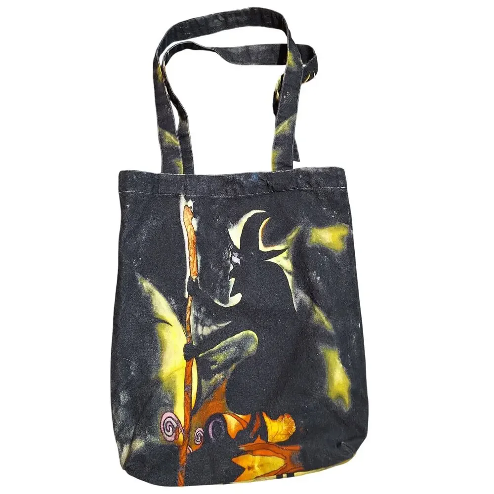 Black cat ghosts witch holloween whimsygoth canvas tote bag spooky full moon bat